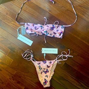White Fox Bikini. Pink butterfly print. Fully lined.  Ruched Brazilian bottom